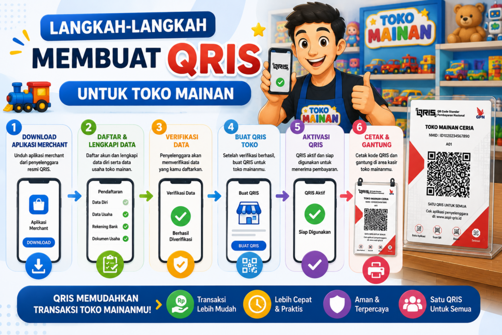ilustrasi gambar langkah -  langkah dalam membuat QRIS  untuk toko mainan
