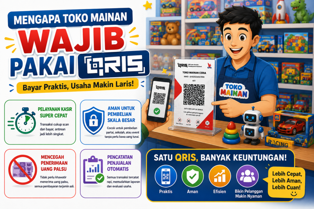 ilustrasi gambar 3D yang menjelaskan mengapa toko mainan wajib menggunakan QRIS
