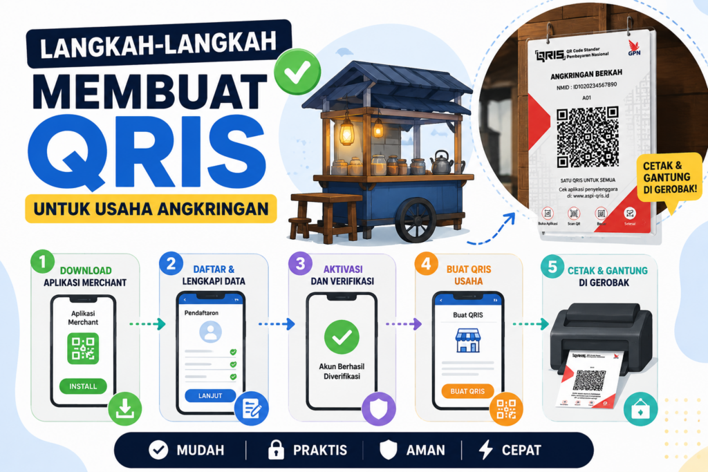 ilustrasi gambar yang menjelaskan langkah - langkah membuat QRIS untuk usaha angkringan
