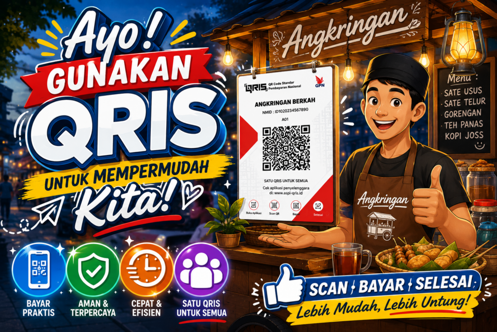 ilustrasi gammbar yang mennjelaskan ajakan untuk menggunakan QRIS untuk angkringan