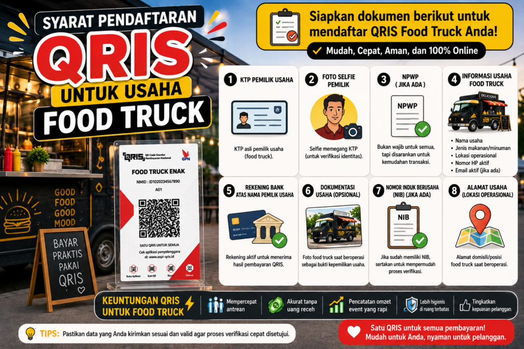 ilustrasi gambar yang menjelaskan syarat pendaftaran QRIS untuk usaha Food Truck